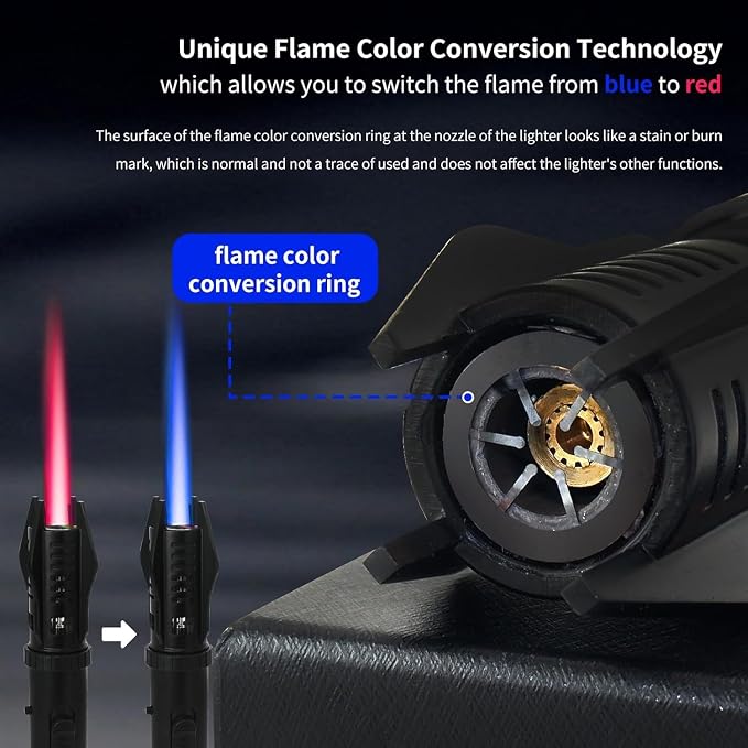Torch Lighter, Bright Fire Lighter with Safety Lock and Adjustable Red/Blue Flame, Refillable Butane Gas Windproof Jet Flame Cool Lighters, for Candles Campfires BBQ Baking, Camping, Gift