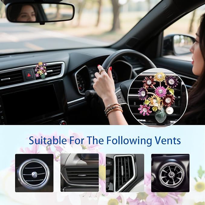 ORIESSE Flower Car Decor,Cute Dasiy Bird Vase Car Air Freshener Vent Clip,Bling Alloy Colorful DashBoard Vent Decorations Aesthetics for Women,Refillable Aroma Diffuser