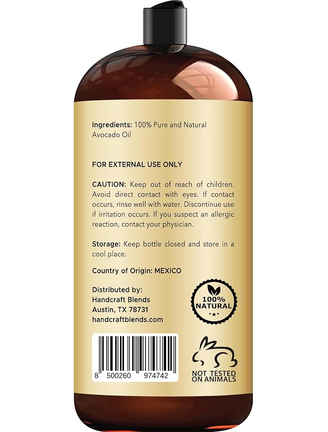 Handcraft Blends Avocado Oil - Cold-Pressed 28 Fl Oz - 100% Pure and Natural - Premium Grade Carrier Oil for Skin and Hair - Hair and Body - Massage - Hexane-Free