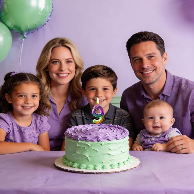 Number 9 Birthday Candle for Cake – Purple Green Flame Design with Lightning & Tire Track Pattern – Off-Road Truck Theme Cake Topper for Birthday Party Decoration