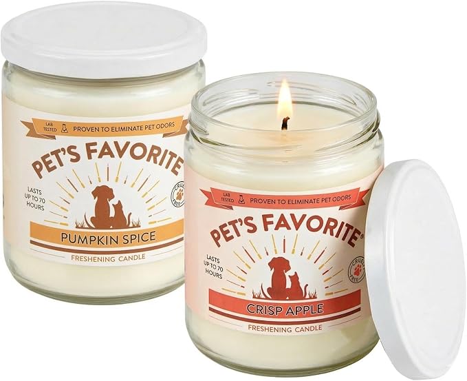 Pet's Favorite Pet Odor Candle, Clean Burning, Long Lasting Apple and Pumpkin Scented Candle with a Natural Fiber Wick and 70 Hour Burn Time, Crisp Apple and Pumpkin Spice - Pack of 2