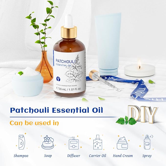 HIQILI Patchouli Essential Oil, for Diffuser, Homemade Perfume, Skin Care, Aromatherapy, Gift for Hippie Friend-30ML