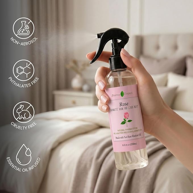 Rose Linen and Room Spray – Natural Pillow Mist with Pure Essential Oil, Calming Floral Home Fragrance, Rose Water Spray, Bathroom Freshener, Fabric and Air Spray – 8.5 fl oz