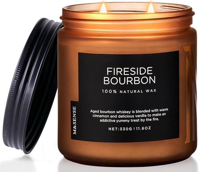 M&SENSE Fireside Bourbon Candles Home Scented, Non Toxic Soy Wax 11.6oz 70 Hours Long Clean Burning, 2 Wick Campfire Candle Cozy Winter Home Decor, Housewarming Gifts for Women Men
