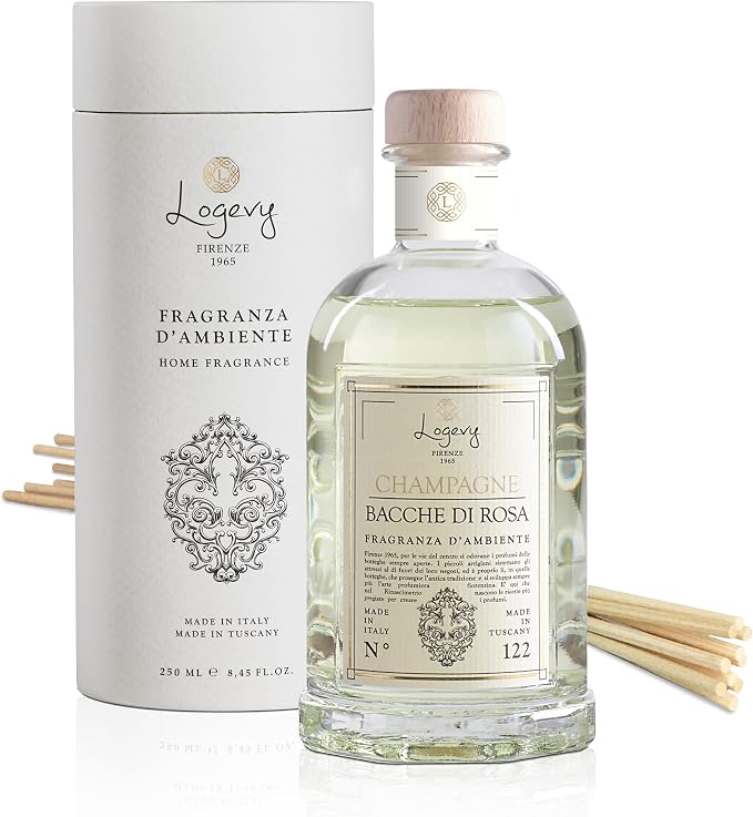 Logevy Firenze 1965 Champagne e Bacche di Rosa – Champagne and Rose Berries Luxury Home Fragrance Diffuser with Floral & Fruity Notes in Elegant Glass Bottle with 10 Natural Bamboo Reeds – 250ml
