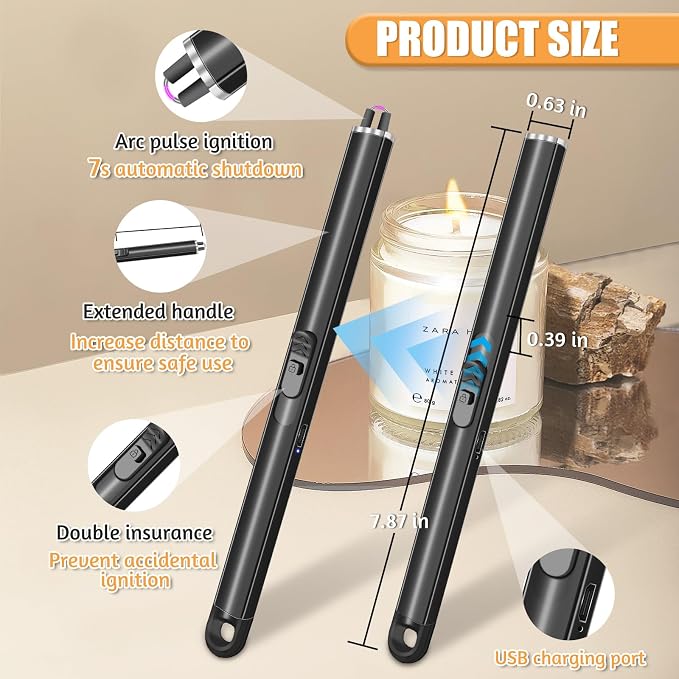 2 Pack Electric Candle Lighters, USB Rechargeable Lighter with Windproof Flameless & Extended Handle, Suitable for Candles, BBQ, Camping, Gas Stove, Festivals Gift (Black, 2 Packs-B)