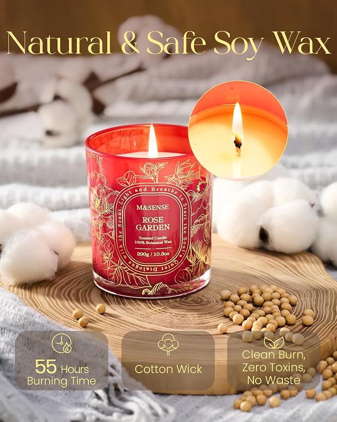 M&SENSE Rose Garden Soy Candle, Romantic Date Night Summer Gift | Fresh Cut Rose Scent, 55H Clean Soy Wax Slow Burning, Air Purifying Rooms, Reusable Vase Jar for Women's Table Centerpiece