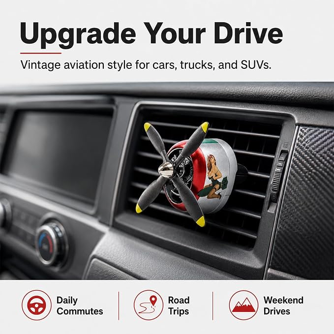 P-47 Inspired Car Vent Air Freshener 2 Pack with 2 Refill Pads, Vintage Side Graphic Airplane Propeller Diffusers, No Batteries Needed, Car Accessories for Men(P47-VG-SLV-2SET)