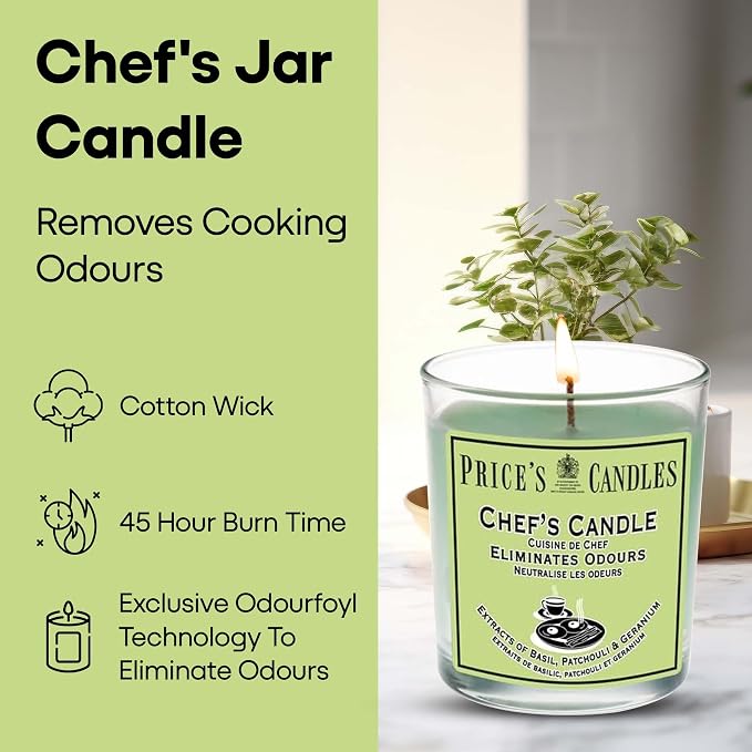 Price's - Chef's Jar Candle - Odour Eliminating Candle - Made with Basil, Patchouli & Geranium Extracts - Clean, Fresh, Quality Fragrance - Long Lasting Scent