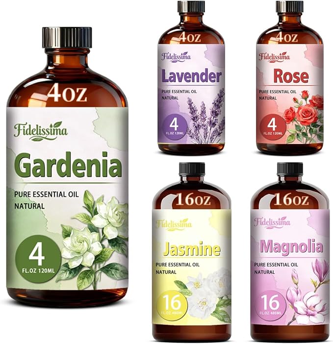 Fidelissima Natural Essential Oil Set,5 Scents Gift Kit–Gardenia,Lavender,Rose,Jasmine,Magnoliaa,Fragrance Oil for Diffuser,Candle Soap Making,Personal Care with Glass Dropper