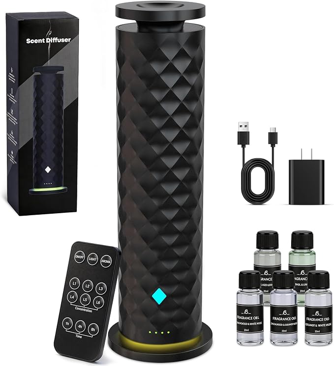 Waterless Scent Diffuser Starter Kit – Remote Control Cold Air Diffuser, 1000 Sq Ft Coverage Color and Ambient Light, Ultra-Quiet Quiet Nebulizing Aromatherapy for Home, Office, Bedroom & Spa