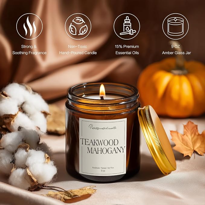 Mahogany & Teakwood Highly Scented Candles for Home, 9oz Natural Soy Aromatherapy Organic Candle with Essential Oil, Home Fragrance Stress Relief & Meditation Jar Candles Gifts for Men Women