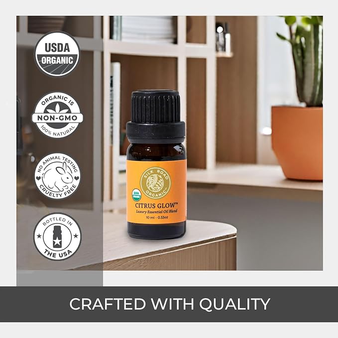 Silk Road Organic Citrus Glow Essential Oil Revive Blend for Stress, Energy & Focus | USDA Certified Citrus & Vanilla - 10 ml Dropper