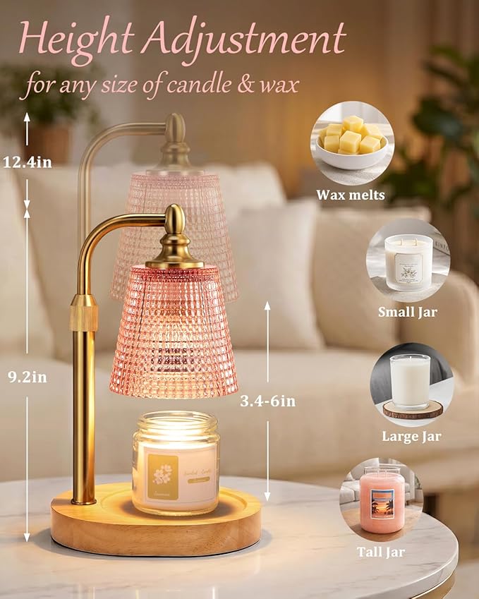 Hong-in Candle Warmer Lamp with Timer Dimmer, Birthday Gifts for Women, House Warming Gifts for New Home, Vintage Room Decor, Adjustable Height Candle Lamp, Wax Warmer for Scented Jar Candles, Pink