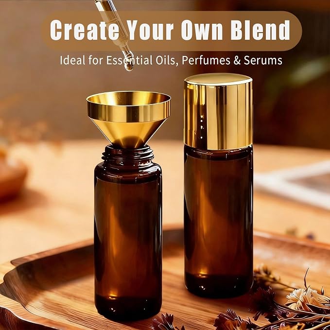 Tiger's Eye Roller Bottles for Essential Oils, 50ml Refillable Amber Glass Roll On Bottles with Natural Crystal Roller Balls, Leak-Proof Travel Perfume Bottle with Gold Caps