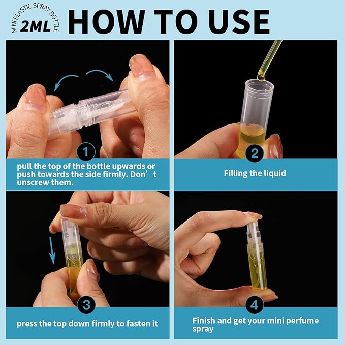 Fandamei Mini Spray Bottle, 60PCS 2ml Mini Clear Plastic Spray Bottle Empty, Fine Mist Refillable Mini Perfume Bottle. Small Empty Sample Containers Bottle. 2ml, 60 Pack, Clear, FANL-093
