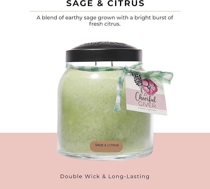 A Cheerful Giver - Sage & Citrus Papa Scented Glass Jar Candle (34oz) with Lid & True to Life Fragrance Made in USA