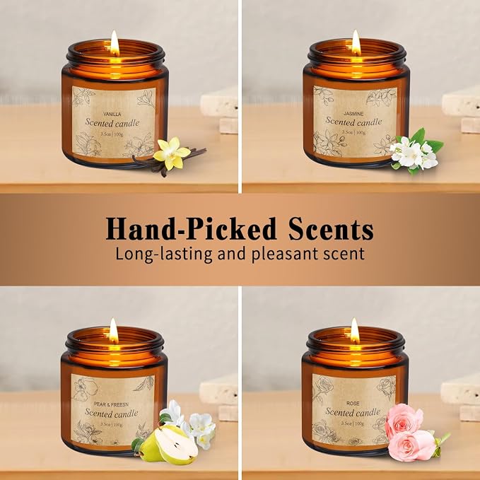 4 Packs Candles for Home Scented, Scented Candles Gifts for Women, Natural Soy Wax Amber Jar Candle, Long Lasting Aromatherapy Candle Gift Set for Birthday Valentine's Day Mother's Day