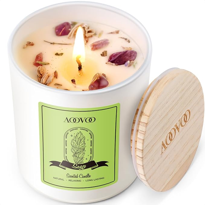 AOOVOO Sage Scented Candles for Women - Aromatherapy Candle with Crystals Inside, 10oz Soy Candles for Home Scented, Birthday Gifts Valentines Day Candle for Women Mom