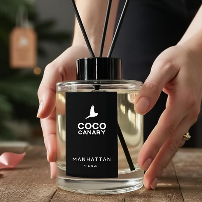 Coco Canary Reed Diffuser Set, 6.7 fl oz Home Fragrance - Manhattan - Long-Lasting Masculine Scent, Whiskey Cocktail Notes, Urban Sophistication