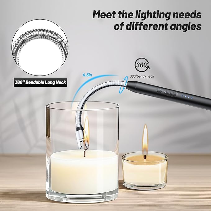VEHHE Electric Lighter with 360° Flexible Neck, Flameless Windproof Long Candle Lighter with Led Battery Display, USB C Rechargeable with Hanging Hook for Gifts BBQ Fireworks (Black)