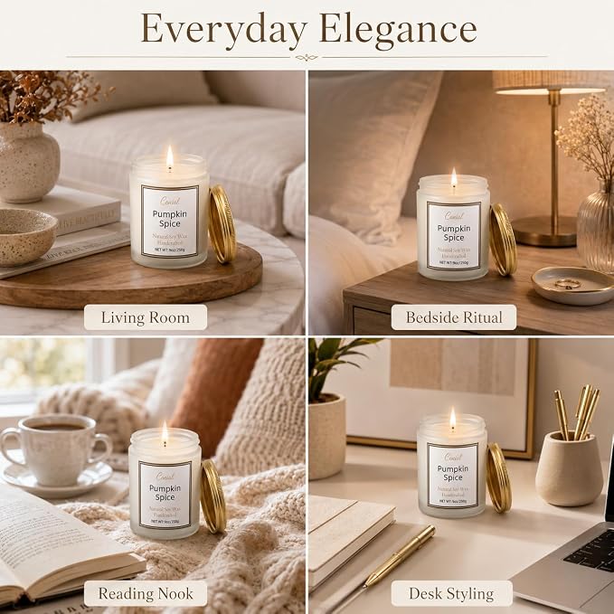 Pumpkin Spice Scented Candles for Home, Natural Soy Wax Candle with Essential Oils, 9oz Amber Jar Aromatherapy Candel, 50H Long & Non-Toxic Burning, Hand Poured, Giftable, Relaxation, Birthday