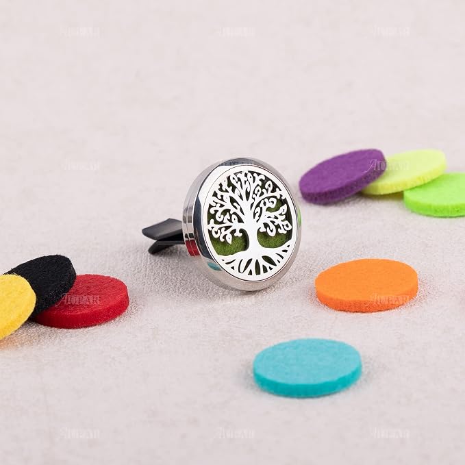 AUEAR, Car Diffuser Vent Clips Tree of Life Aromatherapy Essential Oil 30mm Stainless Steel Air Fresheners Lockets with 10 Felt Refill Pads for Women Men (Style D)