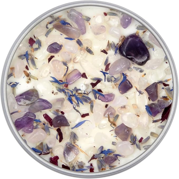 Stress Relief Candle by New Moon Beginnings - Lavender Scented Candle - Dried Flower & Crystal Candles - All Natural Essential Oil Soy Candle (8 Ounce Round Tin)