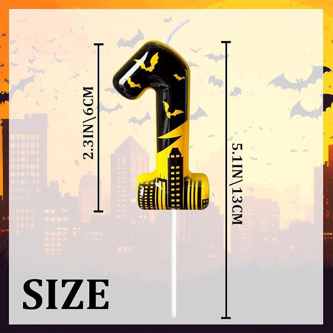Black Yellow Number 1 Birthday Candle for Cake – Dark Night Hero Style with Bat & City Silhouette Design – Unique Cake Topper for Birthday, Anniversary, Themed Party Decoration