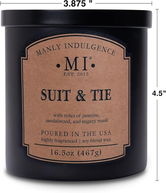Manly Indulgence Suit & Tie Scented Candles for Men, 2 Wick, 16.5 oz, Premium Soy Blend Wax, 60H Burn, Candles for Home Scented - Made in The USA