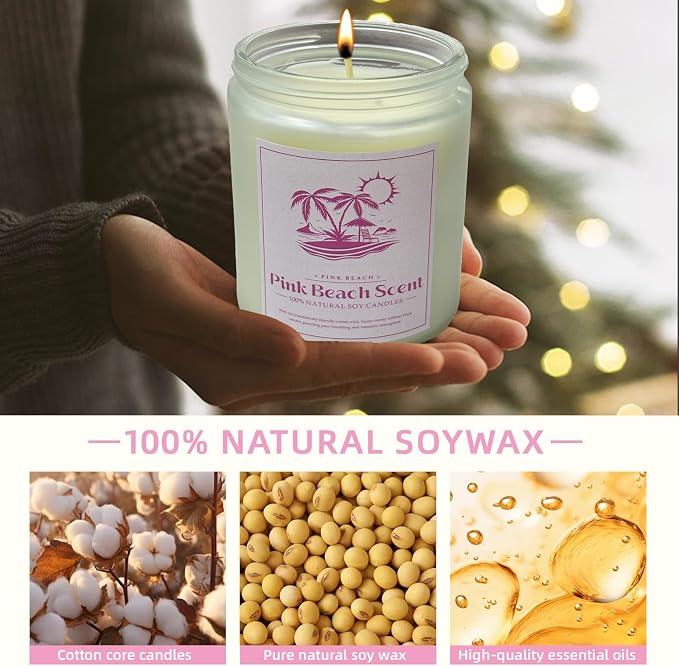 Pink Beach Scented Candle, 9 oz Natural Soy Candles for Home Scented, 50 Hour Burn Time, Home Decor Gift for Women, Friends, Family
