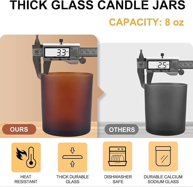 SHOWIN 8 OZ Thick Candle Jars for Making Candles 15 Pcs, Empty Amber Jars with Wood Lids for Candle Making, Sample Container, Frosted Brown