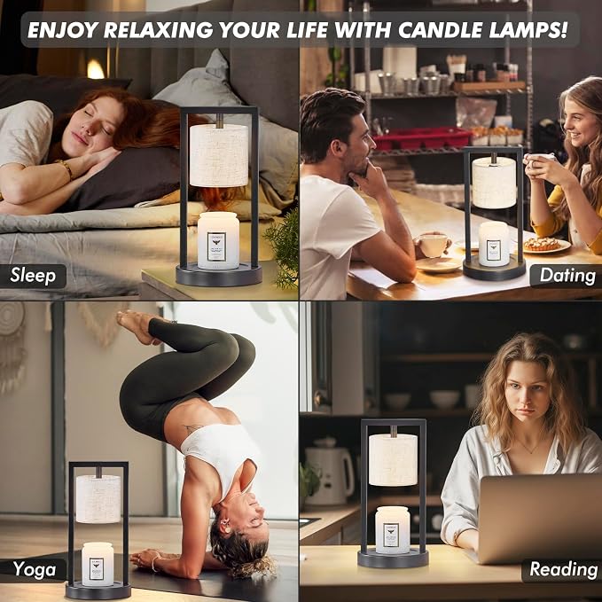 Candle Warmer Lamp with Timer, Black Candle Lamps Linen Fabric Shade, 3-Level Dimmable Candle Warming Wax Melt Warmer for Scented Wax, 50W Electric Warmer Lamp for Women Home Decor (2 Bulbs Included)