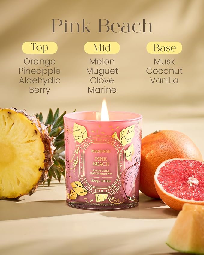 M&SENSE Pink Beach Soy Candle, Tropical Vacation Summer Relax Gift | 55H Clean Soy Wax Long Lasting, Bathtub Beach Escape, Non-Toxic Summer Safe, Reusable Pink Matte Jar