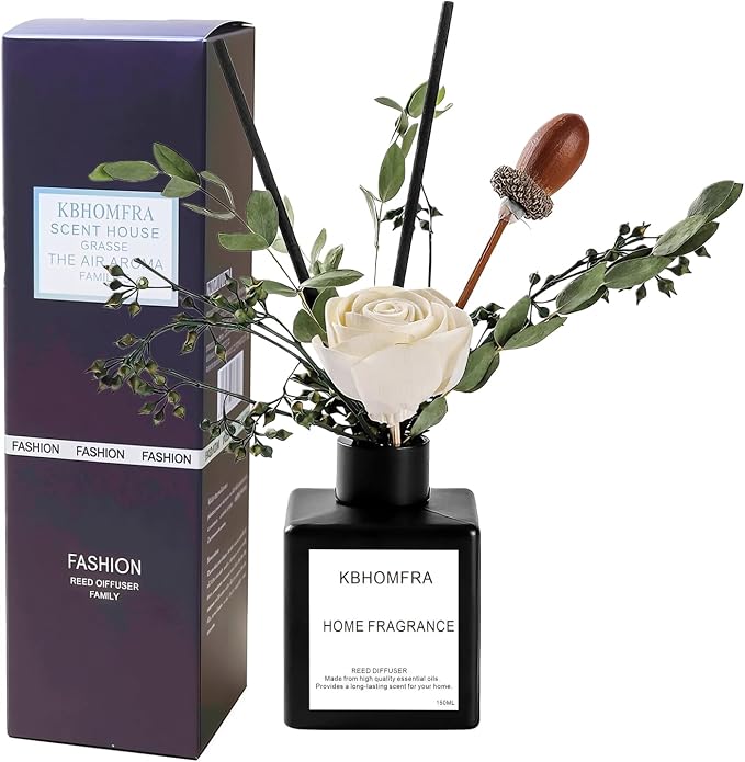Reed Diffuser Set with Dried Flowers, Jasmine Gardenia Sandalwood Scent, Black Glass Bottle, 5.07fl oz, Aromatherapy Home Fragrance for Bedroom Bathroom (Jasmine Tea)