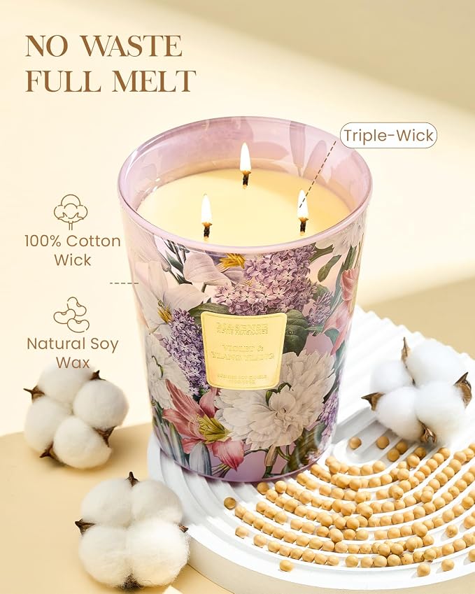 M&SENSE Violet Ylang Ylang Soy Large Candle, 35oz Non Toxic 3 Wick 150H, Floral Calming Sleep Aromatherapy, Self Care Gift