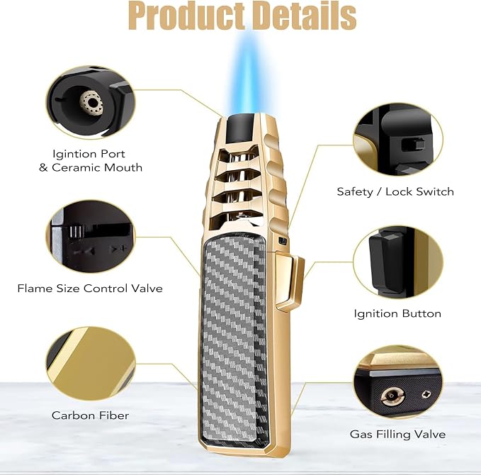 2 Packs Butane Torch Lighter, Windproof Kitchen Cooking Torch with Safety Lock & Adjustable Jet Flame, Refillable Bright Fire Blow Torch for Cooking, BBQ, Baking, Candle, Camping (Butane Not Included)