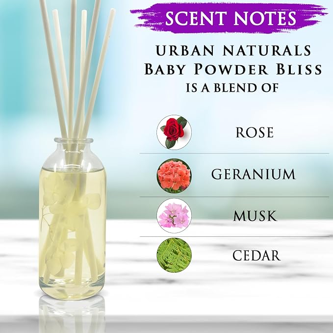 Urban Naturals Baby Powder Bliss Reed Diffuser Set | Made with Essential Oils & Real Botanicals | Powdery Floral Notes, Rose, Geranium, Musk & Cedar | Makes a Great Gift | Made in the USA