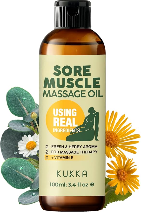 Kukka Sore Muscle Massage Oil for Professional Massages - 3.4 Fl Oz - Made with Eucalyptus & Roman Chamomile, Relaxing Body & Face Oil for Sore Muscles, Spa & Yoga, Fast-Absorbing