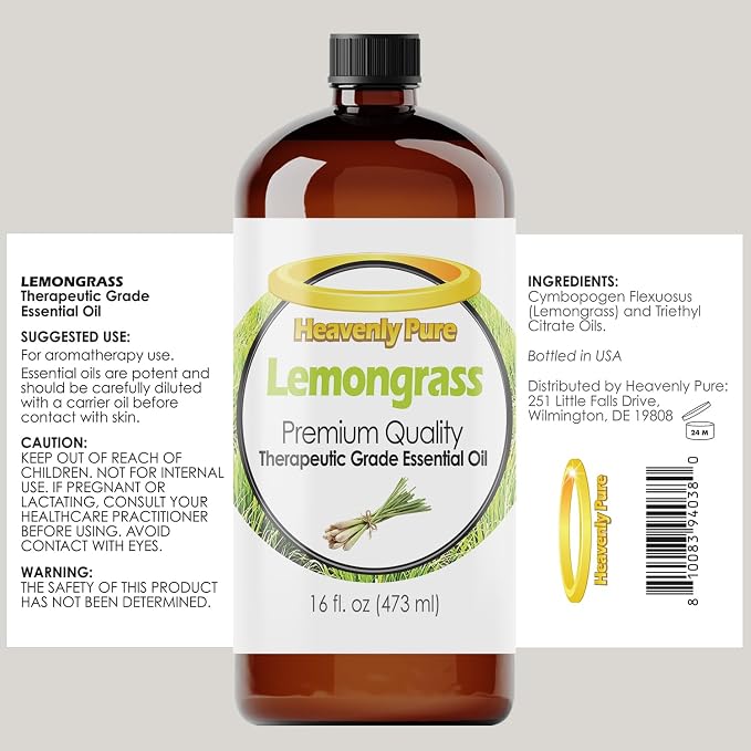 Heavenly Pure - Lemongrass Essential Oil 16 oz Large Bottle for Aromatherapy, Soaps, Candles, Diffuser, and Personal Care - 473 ml