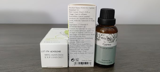 Cypress Essential Oil, 1.01Fl.Oz (30ML) PHATOIL Pure Essential Oil Singles for Aromatherapy Diffusers, Humidifiers, Great for DIY Candle and Soap Making, Gift for Friend