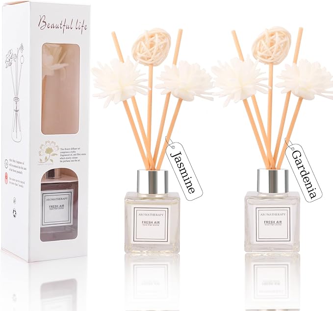 Reed Diffuser Set of 2, Jasmine & Gardenia Scent Oil Diffuser with Sticks for Home Fragrance, Office Living Bedroom Decor, Bathroom Decor and Accessories, Air Fresheners Gift Set, 1.7 fl oz/50ml x 2