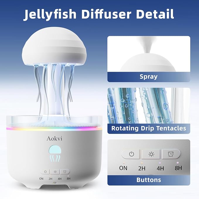 300ML Jellyfish Essential Oil Diffuser, Quiet Aromatherapy Mist Diffusers for Essential Oils, with 7 LED Color Changing Light and Auto-Off Switch, Suitable and Families Humidifiers for Bedroom（White）