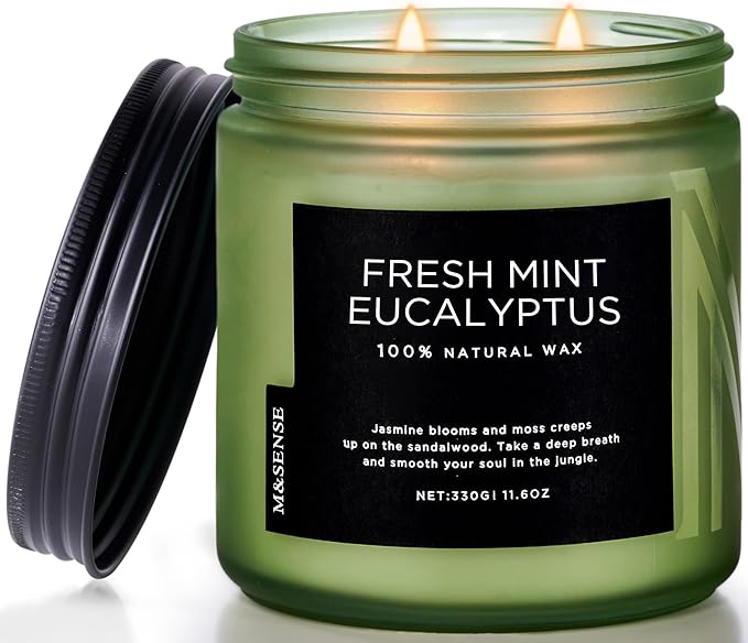 M&SENSE Eucalyptus & Mint Home Scented Candles, 11.6oz Organic Non Toxic Soy Candle, 70-Hour Long Burning, Aromatherapy Gifts for Stress Relief Relaxation Meditation, Natural Smelling for Men Women
