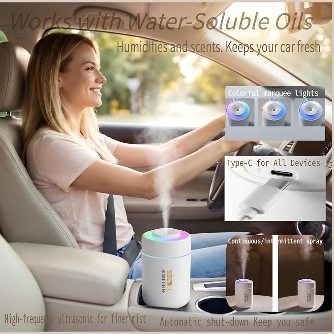 Mini Humidifier - 7-Color LED Night Light, 2-in-1 Aroma Diffuser & Humidifier, USB Portable, 4H/8H Timer, Safe Auto Shut-Off, Ideal for Home Office Car Gift (white, 2.8 * 2.8 * 4.1)