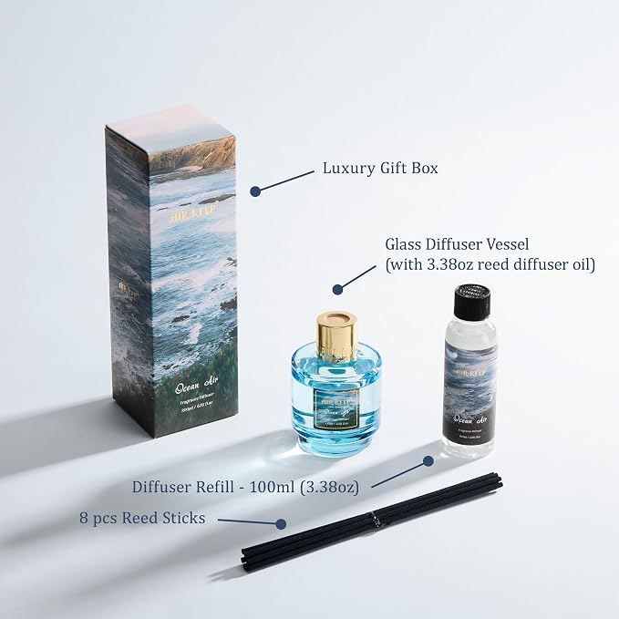 Airkeep Reed Diffuser Set with Refill & 8 Reed Sticks, 6.96 fl oz Ocean Air Home Fragrance, Long Lasting Aromatherapy Diffuser for Bedroom, Bathroom & Living Room