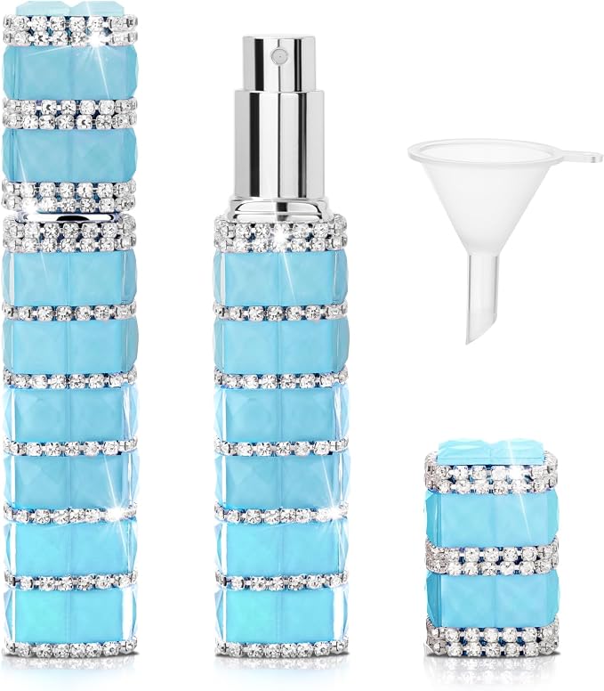 Travel Perfume Atomizer Refillable Bottle, 12ml Rhinestone Mini Perfume Bottles Empty Refillable Travel Atomizer Sprayer with Funnel (1Pc-Blue)