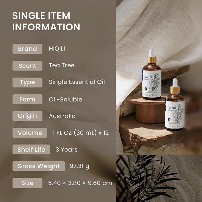 HIQILI Tea Tree Oil Set - 1 fl oz (12 Pack), Bulk Pack for Business Purchase, Ideal for Nail Care, Hair Care, Skin Care, Diffuser, DIY, Holiday Gift & Home Use