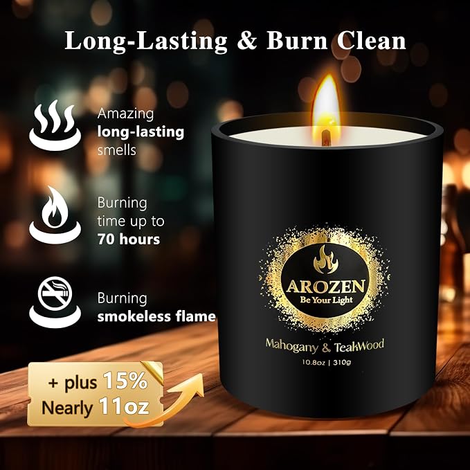 Mahogany Teakwood Candle for Men – 70-Hour Crackling Wick, Woody Masculine Scent – 10.8oz Large Soy Wax Candle, Black Jar Aromatherapy Gift for Him, Father's Day, Birthday, Valentine's Day