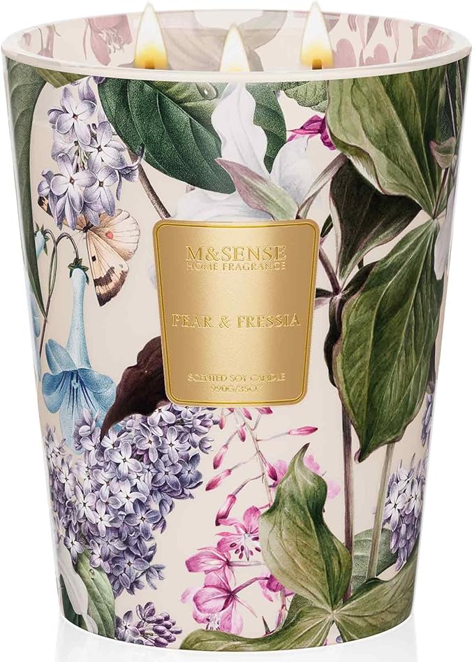 M&SENSE Pear Freesia Soy Candle, 35oz 3 Wick 150H Long Lasting Non Toxic, Natural Scent Fruity Floral, Summer Living Room Refresh, Housewarming Gifts